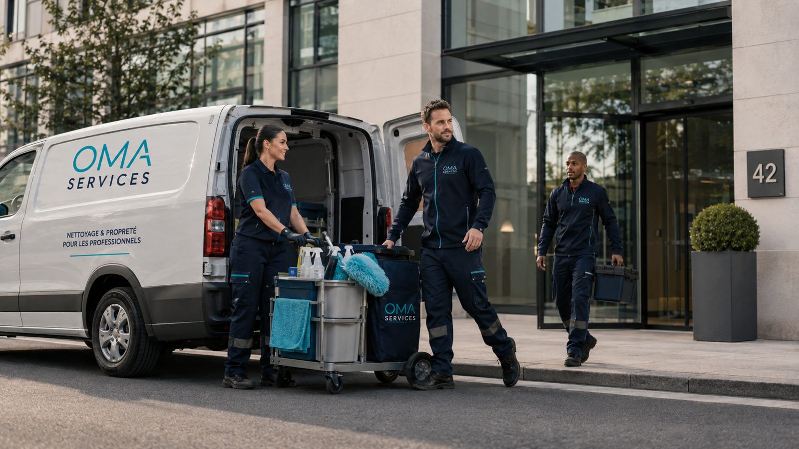 Mise en situation : équipe OMA Services arrivant sur un site