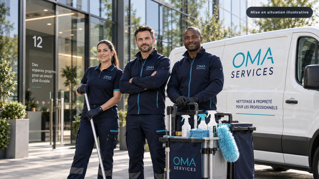 quipe OMA Services devant un immeuble de bureaux à Paris