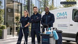 quipe OMA Services devant un immeuble de bureaux à Paris